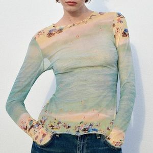 NEW Zara Mesh Beach Print Long Sleeve, Size S